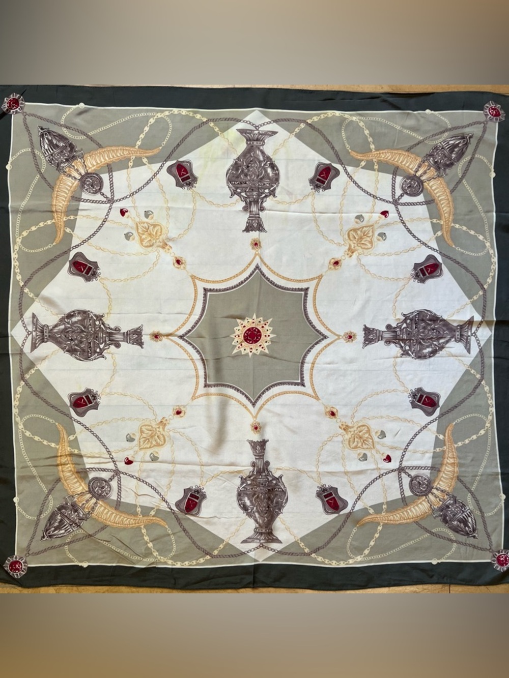 Elegant Medallion Print Vintage Collection Silk Scarf in Ivory Olive Burgundy